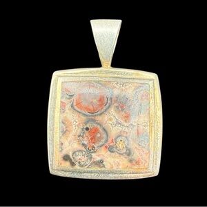 Vintage Sterling Silver 925 Artist Signed Square Jasper Pendant Necklace